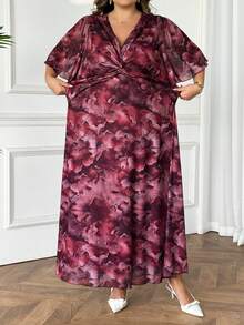SHEIN CURVE+ Đầm midi tay ngắn họa tiết hoa xoắn phía trước cỡ lớn thanh lịch dành cho nữ - Nhiều màu - Xem 9