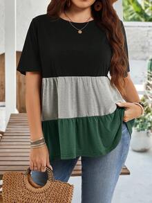 EMERY ROSE Plus Size Women's Black Colorblock Round Neck Short Sleeve Ruffle Hem Casual Tunic Tops,Summer Boho Vacation Blouses For Spring Mother's Day - Fresh Green - View 5
