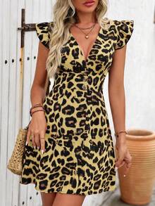 SHEIN Clasi Đầm nữ họa tiết da báo cổ chữ V sâu tay ngắn - Nhiều màu - Xem 3