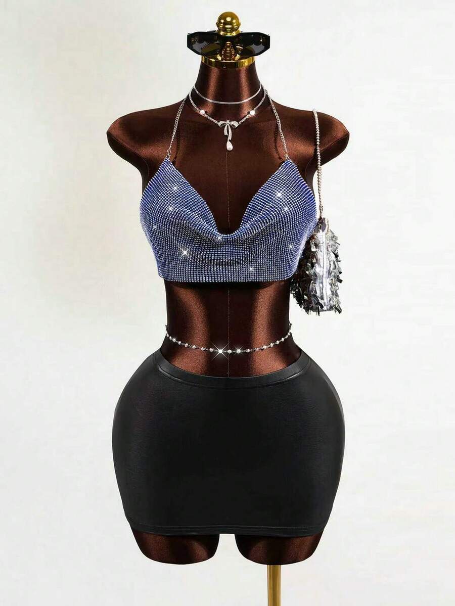 Mistrie Metallic Sequin Backless Halter Neck Cropped Top - Royal Blue - View 1