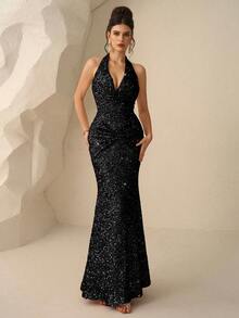 Coutiva Vestido elegante de manga larga con lentejuelas, vestido de gala de alta gama - Negro - Ver 6
