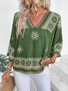 EMERY ROSE Pattern V-Neck Casual Vacation Linen-Feel Shirt - Multicolor - View 5
