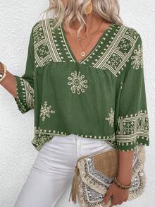 EMERY ROSE Pattern V-Neck Casual Vacation Linen-Feel Shirt - Multicolor - View 7