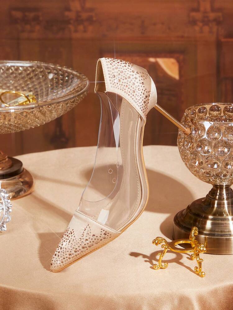 CUCCOO TILAWA Women's Apricot Elegant Pointed Toe High Heel Pumps, Transparent Vamp With Rhinestone Decor Sexy High Heels, Charming Party Chic Comfortable Stilettos, Suitable For Office, Outdoor, Wedding, Banquet, Party, Spring, Easter