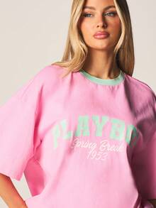 Missguided x Playboy 1953春假超大款圆领短袖印花T恤，饰有薄荷绿撞色滚边和背面兔子标志印花 - 粉色 - 查看 5