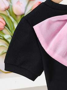 Emery Rose Kids Young Girls Solid Color Fitted Cropped Backless Organza Bow Decor Short Sleeve T-Shirt,Fashionable French Elegant Summer,Y2K Pink,First Birthday,Kids - Pink - View 4