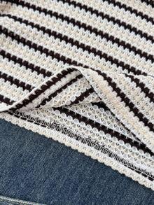 少女白色条纹针织休闲简约条纹印花不对称褶皱短款上衣，适合春夏穿着，休闲百搭，可打造个性造型，日常及假日皆宜。 - 黑與白 - 查看 4