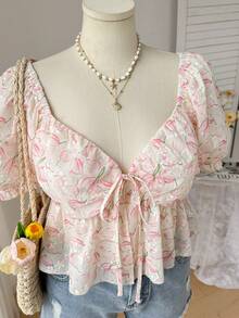 SHEIN EZwear 大码印花荷叶边短袖休闲度假衬衫，春夏款 - 彩色 - 查看 6