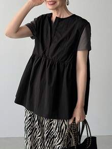 FRIFUL Women's Sleeveless Loose Crease-Resistant Patchwork A-Line Camisole - Black - View 3