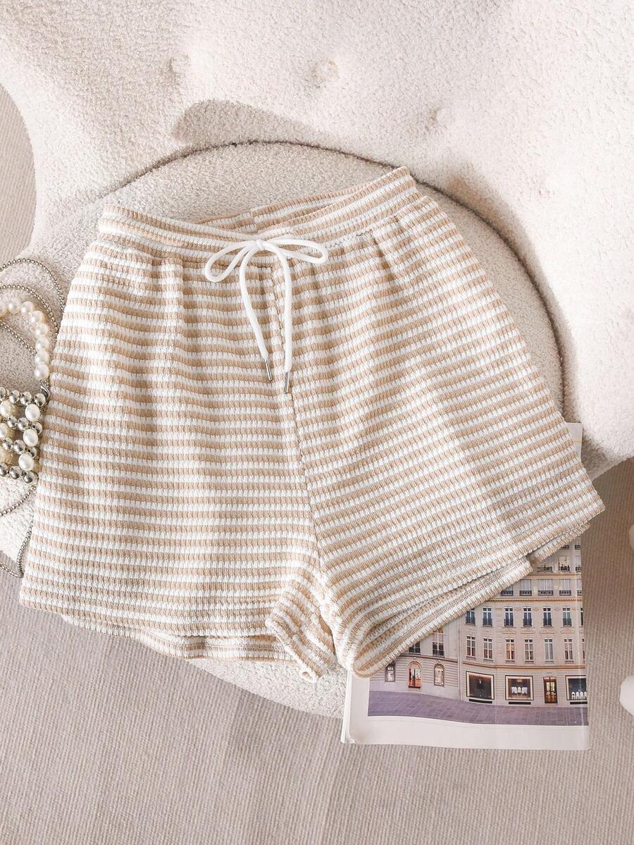 CosyJoli Plus Size Women Striped Drawstring Waist Casual Shorts Comfy Shorts Soft Shorts Cute Summer Shorts Lounge Shorts - Apricot - View 1
