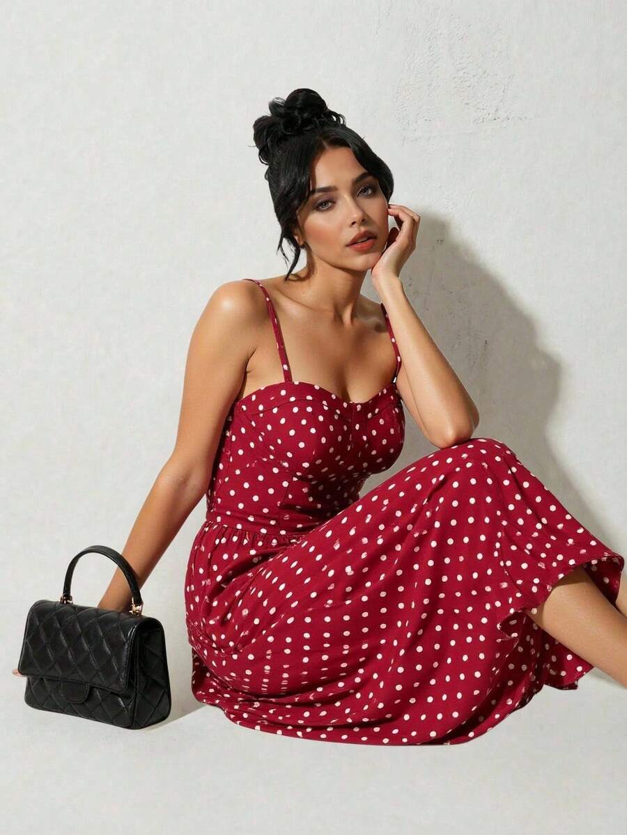 Rafferiza Fashionable Versatile Date Party Spaghetti Strap Waist Flared Pink Dress For Women, Autumn/Winter - Red - View 1