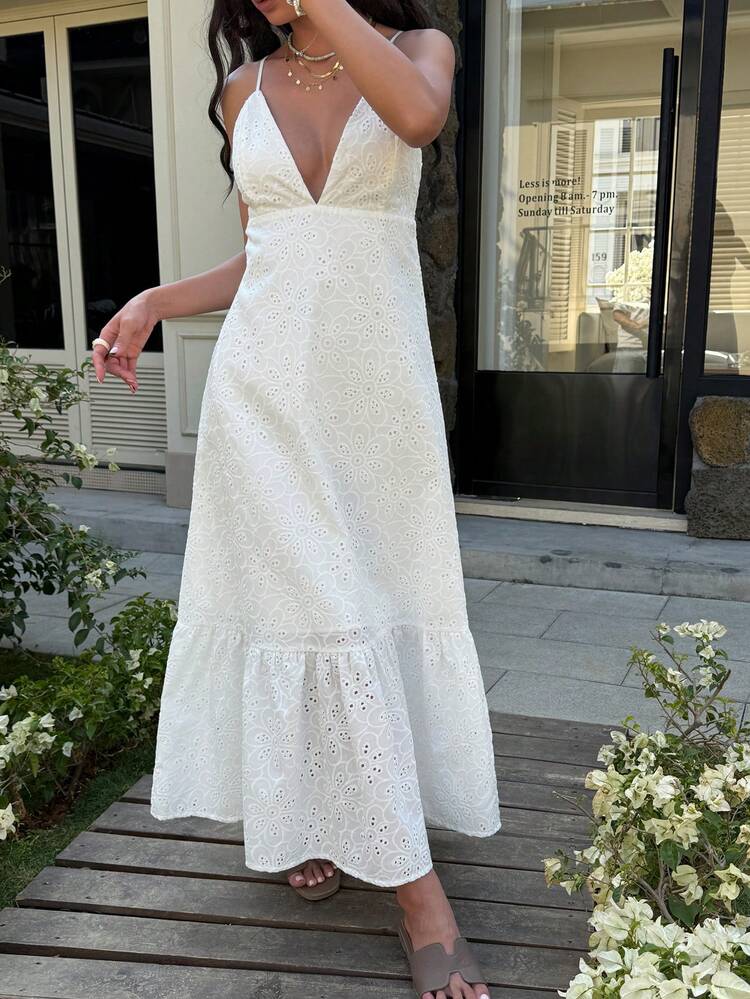 Women's Summer Lace Textured Sheer Long Vacation Style Casual Dress Sundress