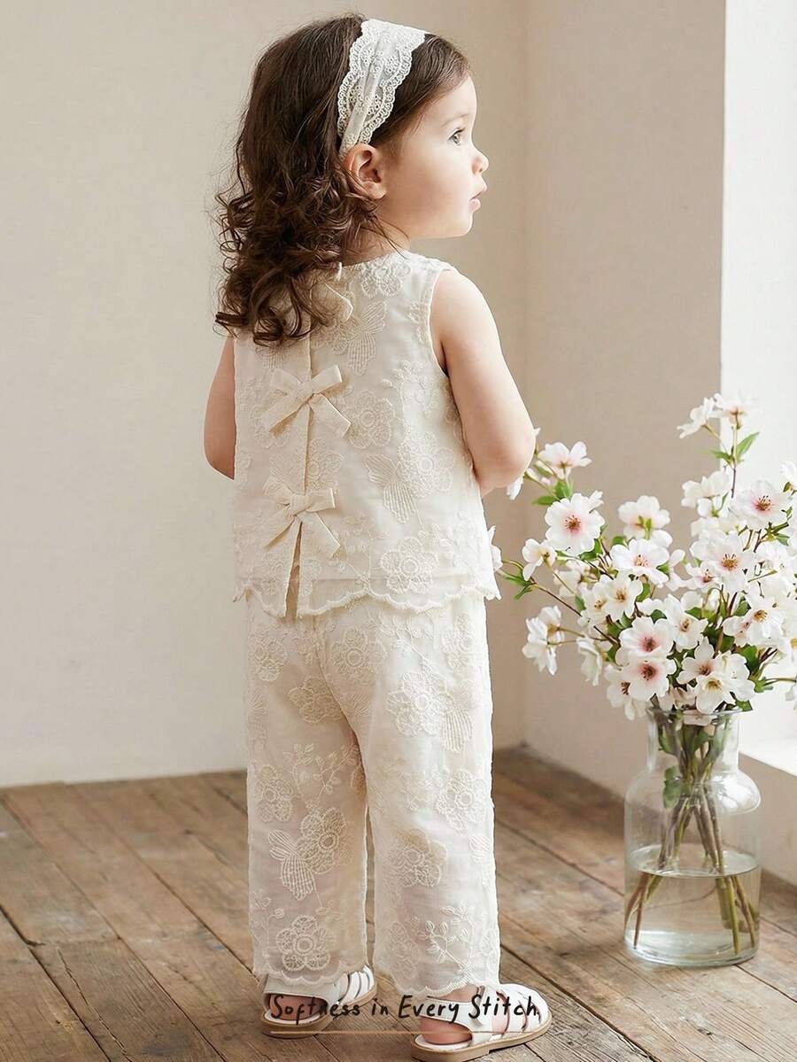 Cozy Pixies 女婴百搭舒适圆领无袖上衣和松紧腰裤两件套 - 杏色 - 查看 1