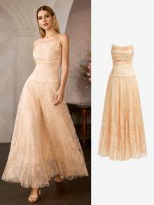MOTF Soiréza VESTIDO DE FIESTA CORTO PARA MUJER DE PRIMAVERA CON ENCAJE Y DECORACIÓN DE LENTEJUELAS SIN TIRANTES - Amarillo - Ver 2