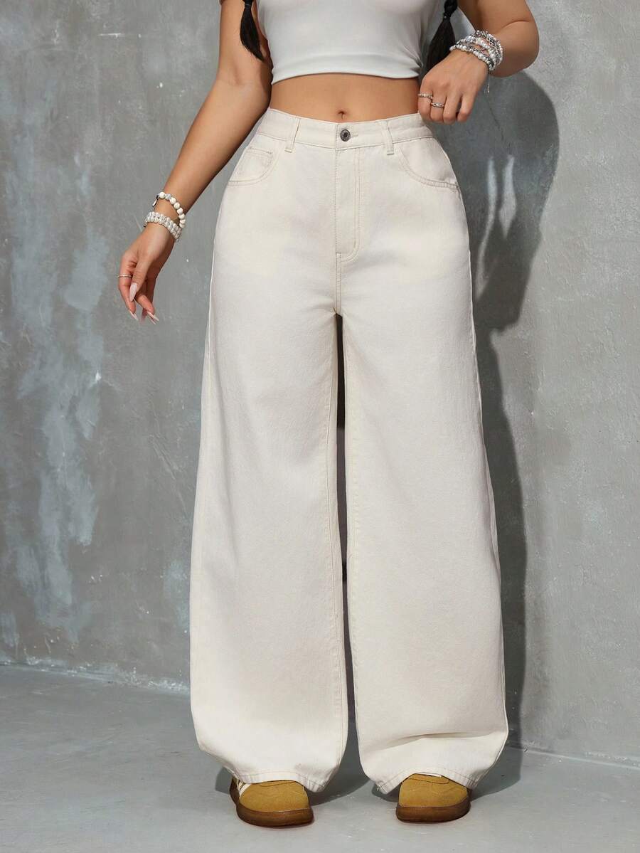 INAWLY Women's Pocket Button Casual Versatile Daily Wear Wide Leg Jeans - Apricot - View 1