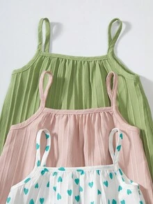 Souflis Souflis 3 Packs Baby Girl Kids Summer Outfits Casual Sweet Polka Dot Heart Print Ruffle Hem Sleeveless Cami A-Line Soft 3 Pieces Set Dresses Beach Vacation Dress Clothes For Summer Spring - Multicolor - View 4