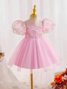 Glamorique Kids 女童花朵花童礼服，3D花瓣袖粉色薄纱公主裙，优雅适合派对、婚礼、庆典 - 粉色 - 查看 13