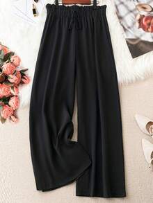 SHEIN Tall CURVE 大码女式纯色荷叶边系带阔腿宽松休闲裤 - 黑色 - 查看 1