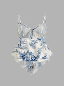 Sweetra 大码复古极简印花性感蕾丝拼接吊带背心蕾丝边上衣印花上衣女士吊带背心荷叶边吊带背心 - 藍色 - 查看 2