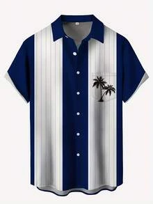 Manfinity VCAY Camisa hawaiana casual de vacaciones para hombre con bolsillo en el pecho, cuello polo y estampado digital 3D de árboles de coco - Multicolor - Ver 4