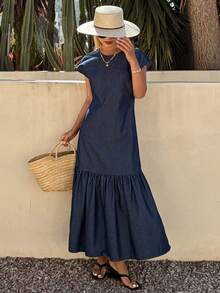 Livesso Women's Cotton Blue Round Neck Sleeveless Ruffle Hem Denim Dress, Summer - Blue - View 1