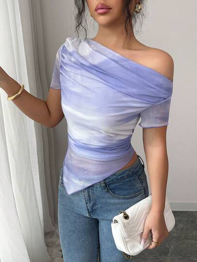 Elenzga Women's New Fashion Tie-Dye Print Asymmetric Shoulder Short Sleeve T-Shirt