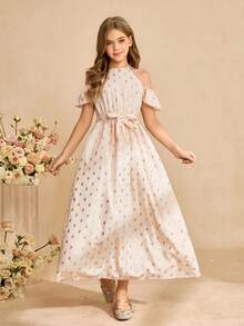 Vestido elegante y lujoso de color rosa con diseño de hombros descubiertos, cintura ceñida y ajuste cómodo para niñas preadolescentes - Rosa - Ver 1
