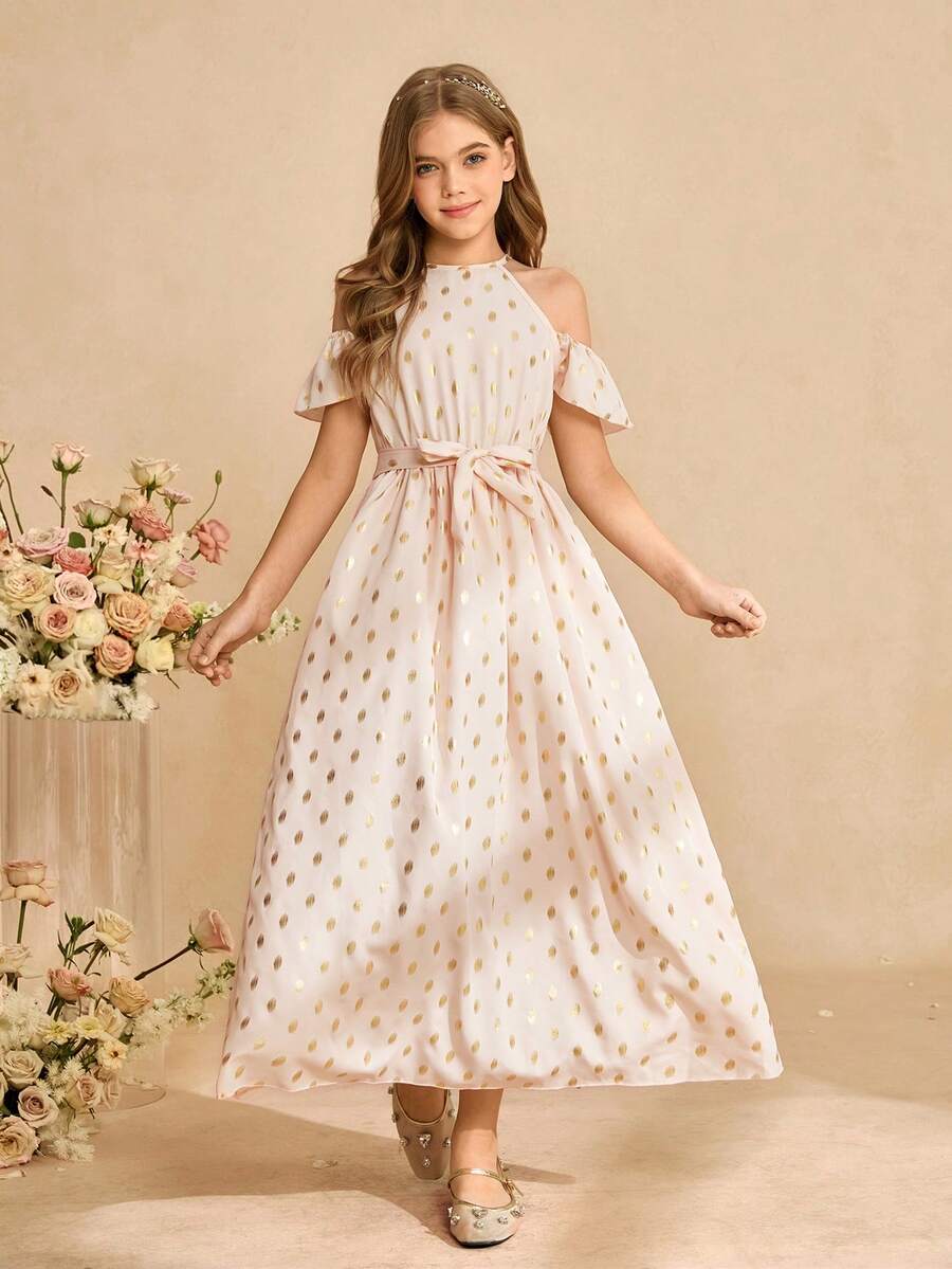 Vestido elegante y lujoso de color rosa con diseño de hombros descubiertos, cintura ceñida y ajuste cómodo para niñas preadolescentes - Rosa - Ver 1