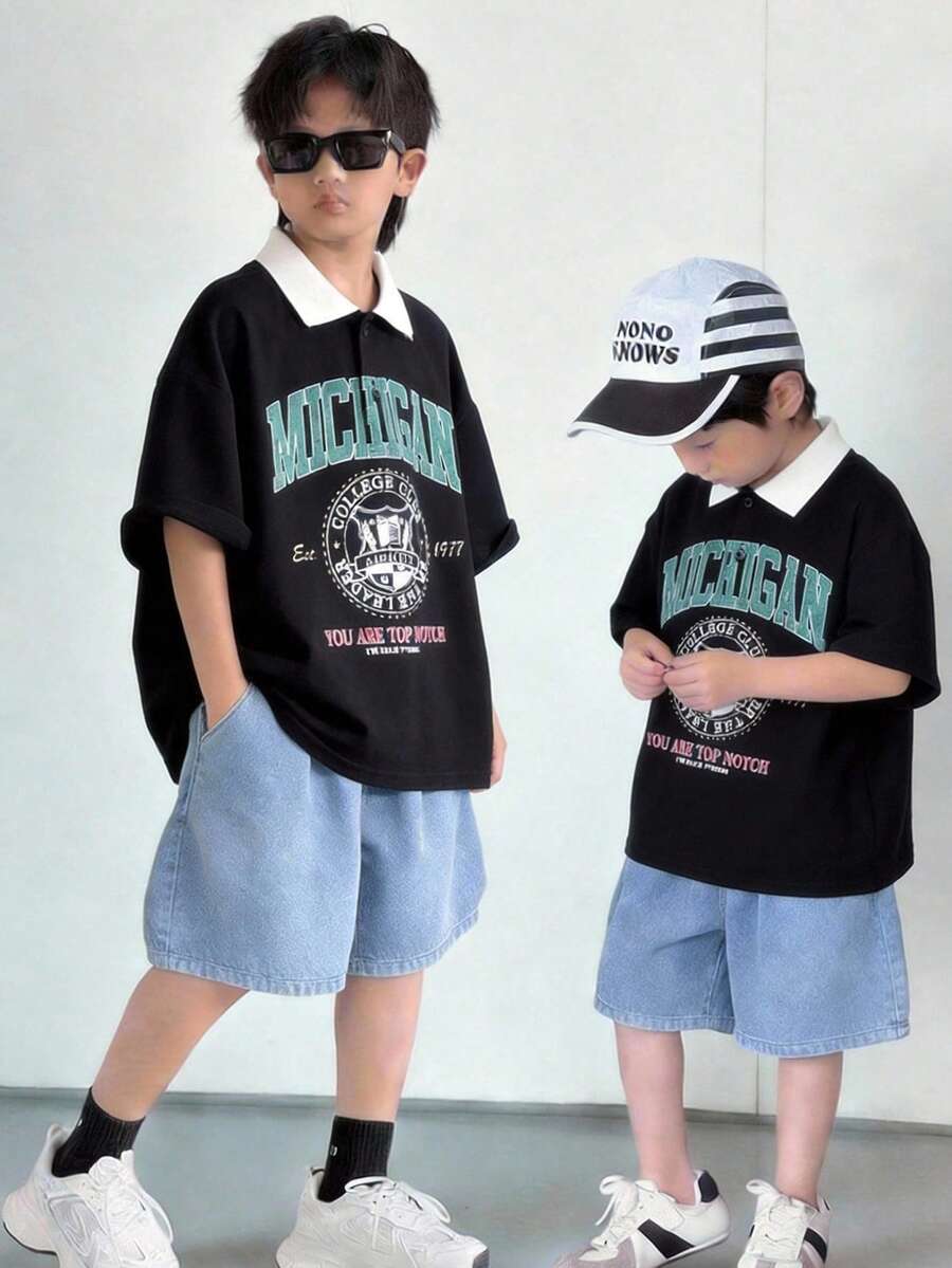 Kids/Young Boy Casual Everyday Comfortable Printed Pattern Flat Collar Half-Zip Knit Polo Shirt - Multicolor - View 1