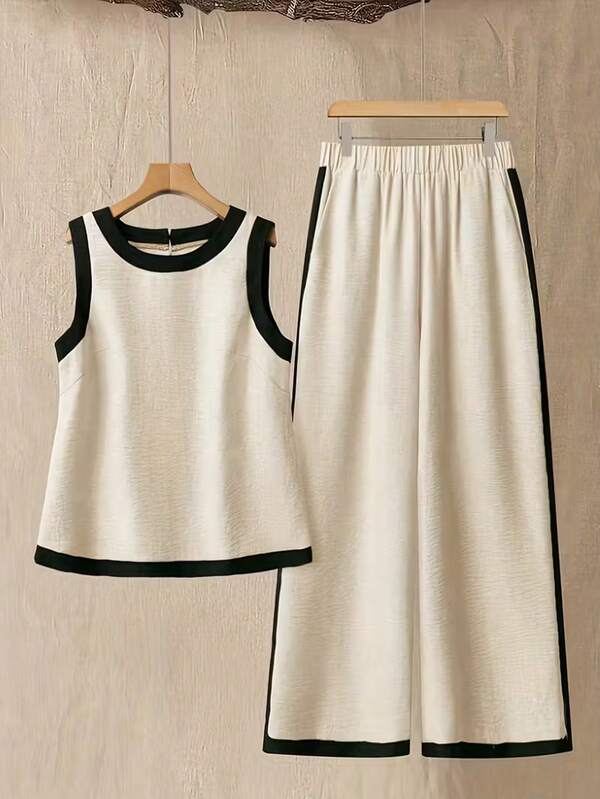 Franclia Petite 2pcs Women Elegant Solid Color Round Neck Contrast Color Tank Top And Wide Leg Pants Set, Suitable For Vacation And Casual Daily Wear