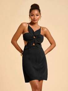 Travachic 3D Floral Solid Color Hollow-Out Backless Vacation Slip Dress,Carnival,Summer Outfits,Black Dress For Women - Black - View 4