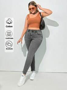 SHEIN Cottnline بنطلون جينز نحيف عالي الخصر مقاس كبير باللون الأزرق الفاتح - رمادي - مشاهدة 1