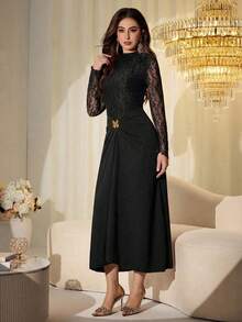 Modelyn 女款黑色花卉蕾絲長袖高領中長洋裝，金屬扣飾，適合約會之夜、晚宴、派對與聚會 - 黑色 - 查看 6