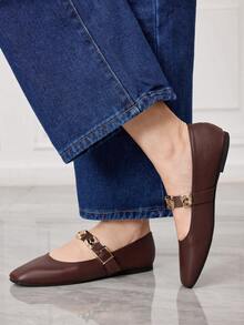 Sleekvia Women's Metal Decor Casual Versatile Flat Square Toe Loafers Valentine's Day - Coffee Brown - View 3