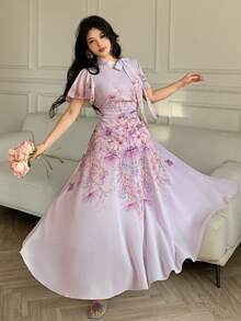Modelyn 女士系带腰部褶皱印花喇叭连衣裙 - 淡紫色 - 查看 3