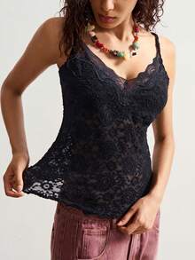 SHEIN PETITE CURVE 大码女式纯色蕾丝拼接简约日常穿搭吊带背心 - 黑色 - 查看 4
