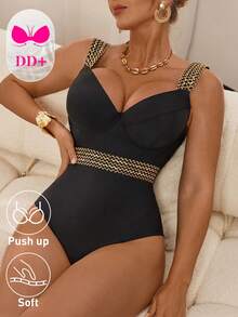 Swim DD+ 2026 Summer NEW 1pc Women's Supportive Metal Strap Decor One-Piece DD+ Push Up Beach Outfits, Music Festival Outfits, Vacation Outfits, Seaside Dates, Holiday Outfits, Sexy, Elegant, Casual Outfits, Beach Party Outfits, Pool Party Outfits Swimsuit For Women Dd Swimsuit Push Up Swimsuit Black Swimsuit One Piece Bathing Suit Dd+ Swimsuit - Black - View 6