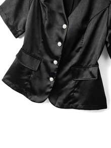GlowEve CURVE 时尚休闲法式复古优雅通勤缎面珍珠纽扣西装外套 - 黑色 - 查看 6