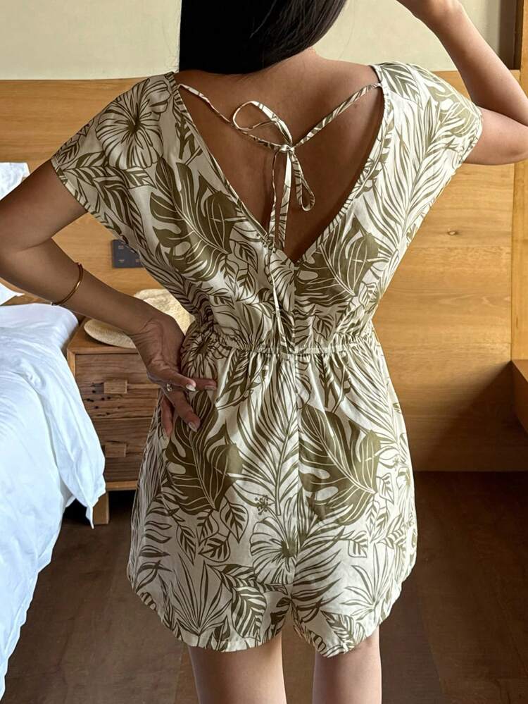 Beach Resort Style Botanical Print Romper Pajamas For Women