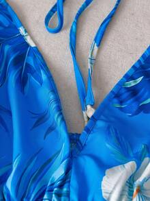 Franclia Plus Size Women Tropical Floral Print V-Neck Spaghetti Strap Tassel Maxi Dress, Suitable For Vacation, Beach - Blue - View 5