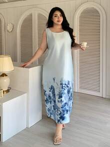Dazy Plus Piyama Tidur Kasual Tanpa Lengan Leher Bulat Motif Bunga untuk Wanita Ukuran Besar - Biru - View 5