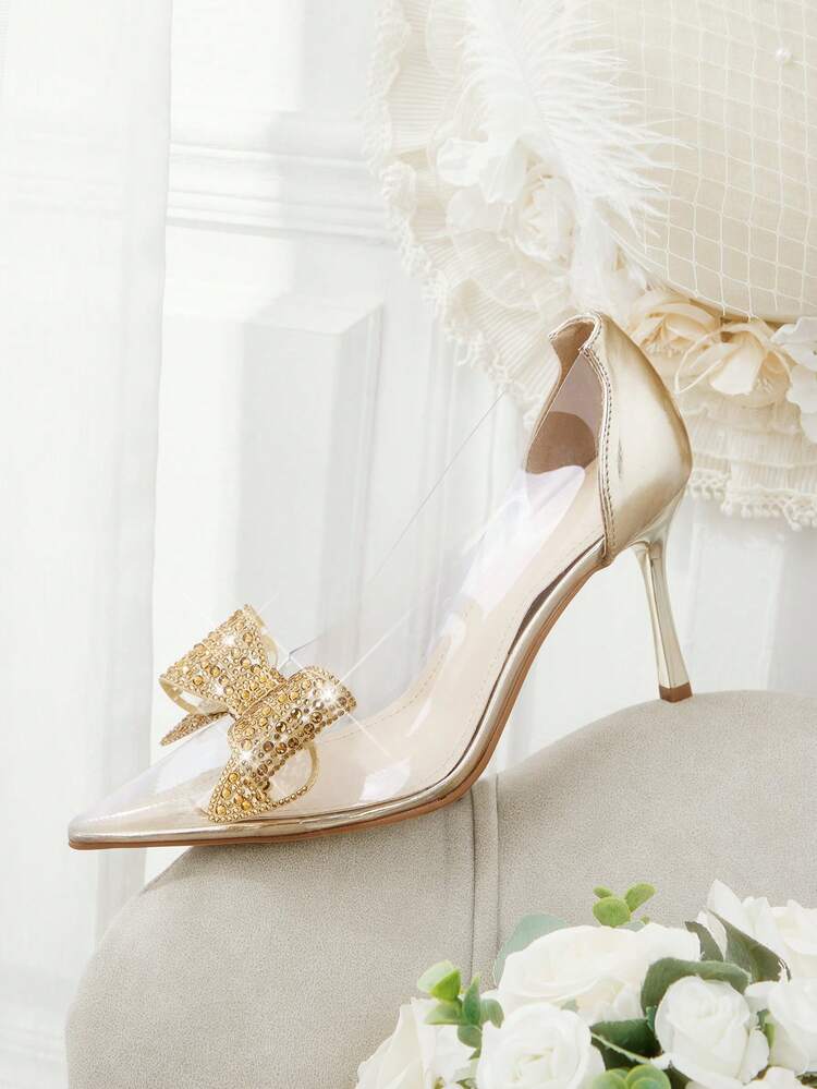 CUCCOO HITCHD Women's Fashionable & Elegant Commuting Rhinestone Bow Decor Pointed Toe Pumps Summer Shoes Wedding Shoes Bride Shoes