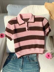 SHEIN EZwear New Summer Vacation Holiday Striped Print Button Hollow Casual Short Sleeve Women Sweater - Multicolor - View 4