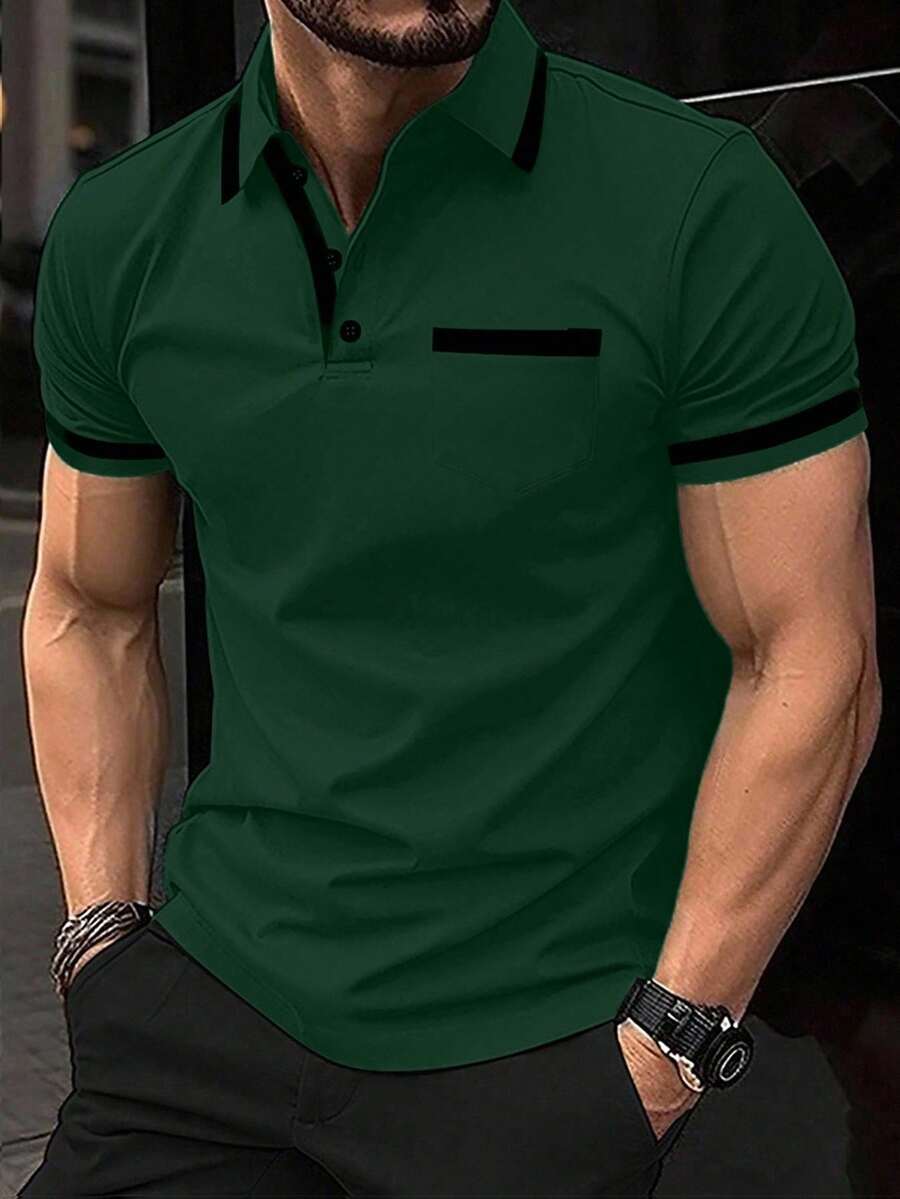 Manfinity Mode 男士撞色滚边纽扣休闲简约短袖Polo衫，绿色休闲Polo衫，高尔夫球衫，正式场合适用 - 墨綠色 - 查看 1