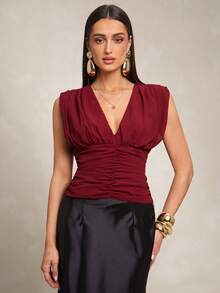 Silquee Áo kiểu nữ không tay cổ chữ V, xếp ly eo, chất liệu chiffon, thời trang, gợi cảm và thanh lịch, thích hợp cho mùa xuân/hè. - Màu Đỏ Sâu - Xem 4