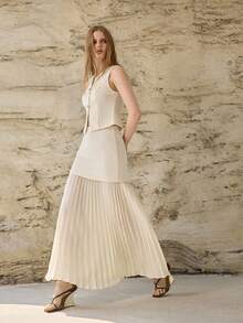 PREMIUM Bộ đồ nữ thanh lịch gồm áo tank top và chân váy xếp ly, thích hợp mặc đi làm, mùa hè. - Cà phê nâu - Xem 6