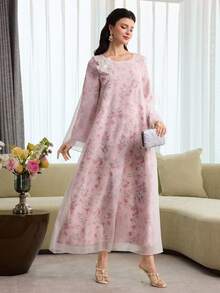 Yasmyna Elegant Floral Print Loose Fit Long Tunic Top With Layered Floral Applique - Multicolor - View 8