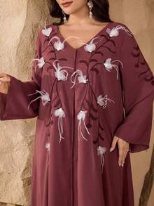 Al Najma Casual Solid Color Embroidered 3D Floral Decor Long Sleeve Loose Regular Spring/Autumn Plus Size Women Arabic Maxi Dress - Redwood - View 3
