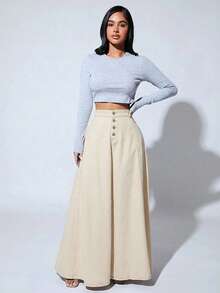 Slaydiva Plus Size Women Button Fly Casual Commuting Extra Long Denim Skirt - Khaki - View 8