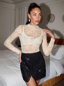 Lavishia Women's Sexy Sheer Lace Funnel Neck Long Sleeve Fitted Top, Spring/Summer - Khaki - View 3